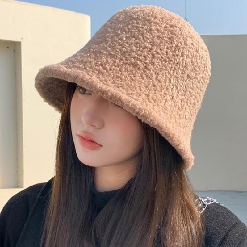 Women s Winter Simple 2-Color Fleece Bucket Hat C7502_Beige