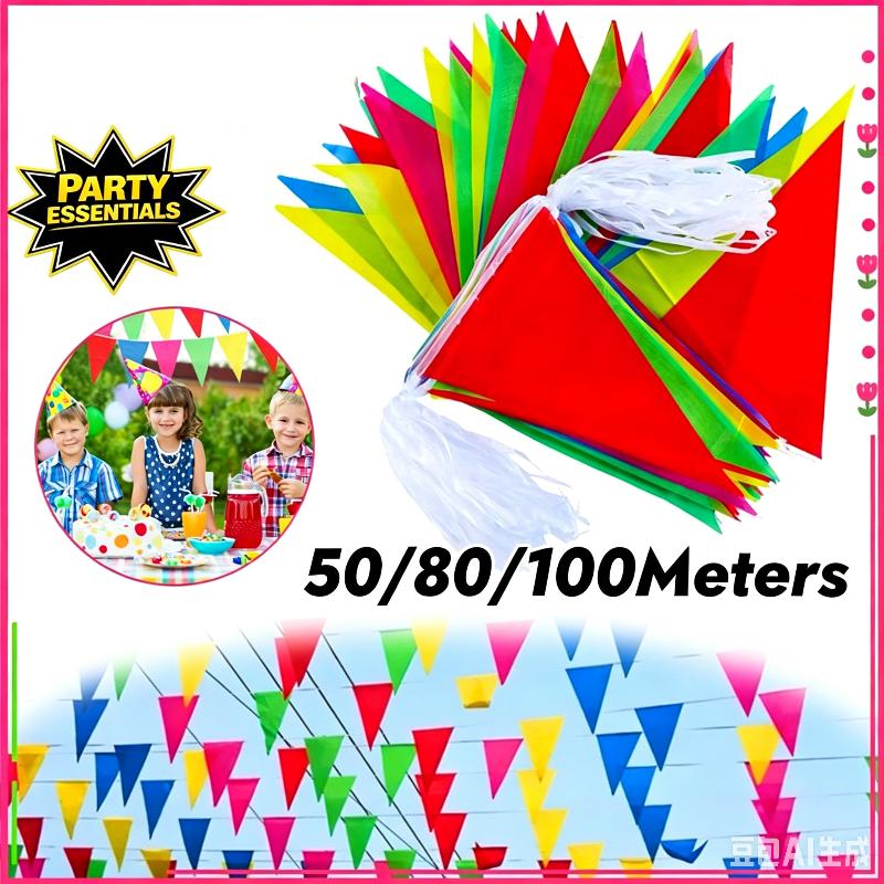 Colorful Triangle Flag Bunting 100M 150 Sides Reusable Polyester Banner for Garden Patio Holiday Party Outdoor Decor