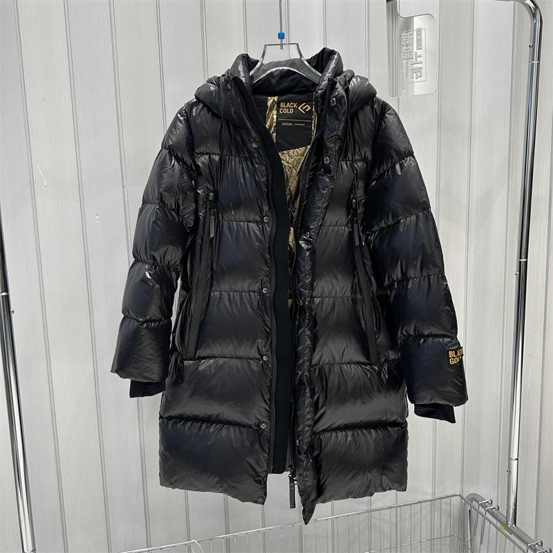 Black and gold medium and long goose down jackets for men and women, new thickened multi-pocket hooded glossy couples tide