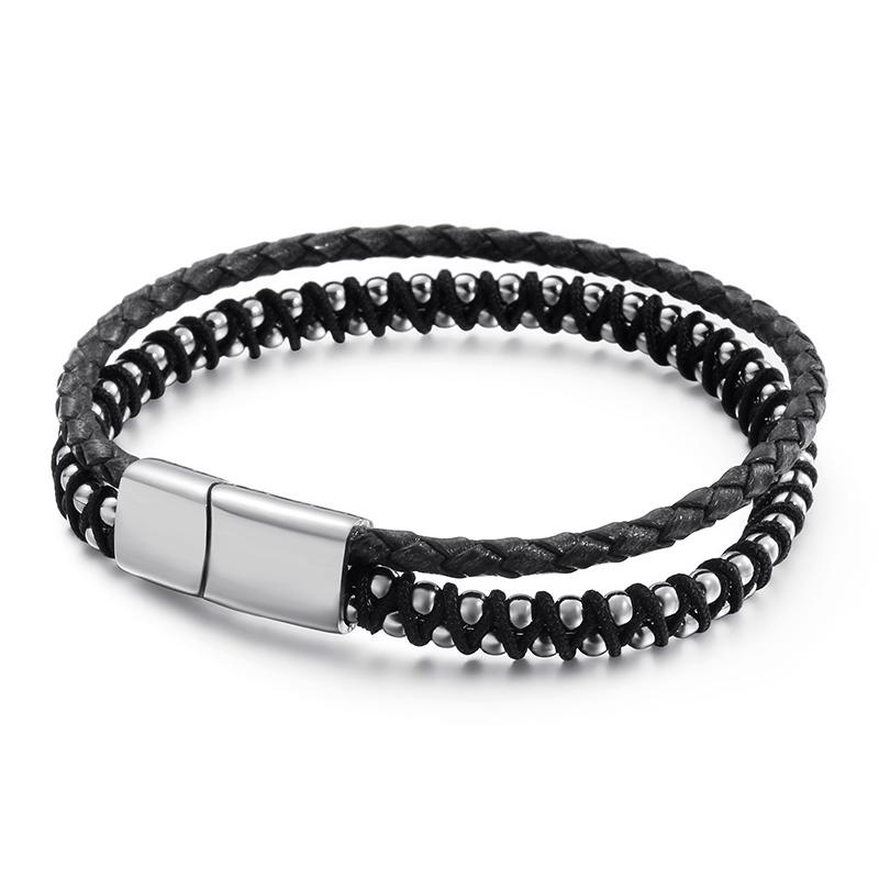 KALEN Fashion Double Chain Braided Leather Bracelet Men 19cm&Trendy