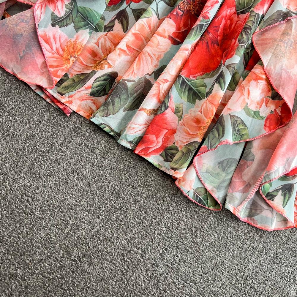 Robe longue style bohème pour femme, col en V, dos nu, taille haute, coupe trapèze, volants, imprimé, vacances en bord de mer