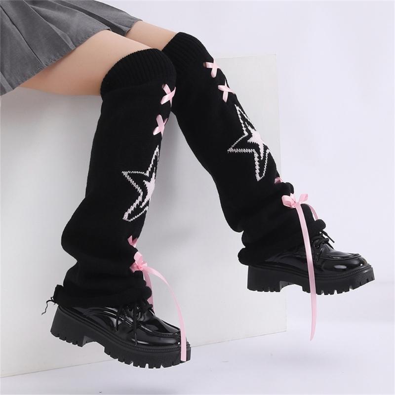Women's Punk Star Pattern Knitted Leg Warmers with Ribbon Bows Flared Boot Covers Knee Length Socks Japanese Streetwear