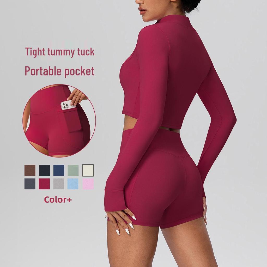 Women's Slim Fit Zip-Up Jacket & High-Waist Butt-Lifting Shorts Yoga Set