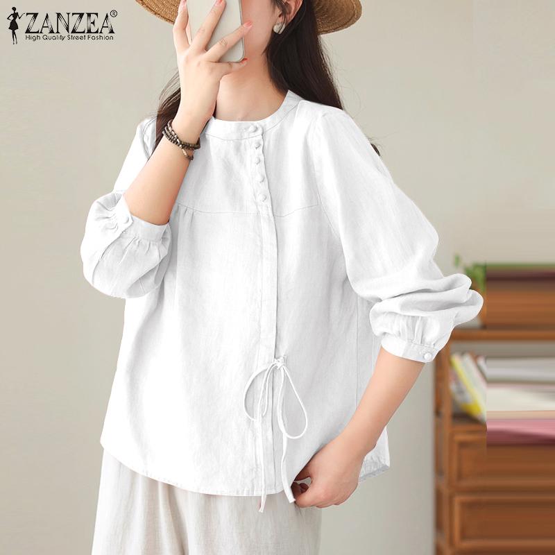 ZANZEA Women Casual Round Neck Solid Color Loose Long Sleeve Blouse