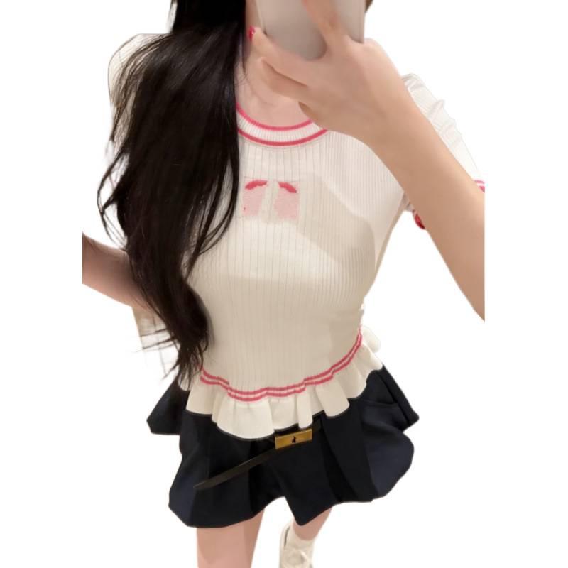 European Style Pink Ruffle Hem Knit Short Sleeve Casual Fashion Top