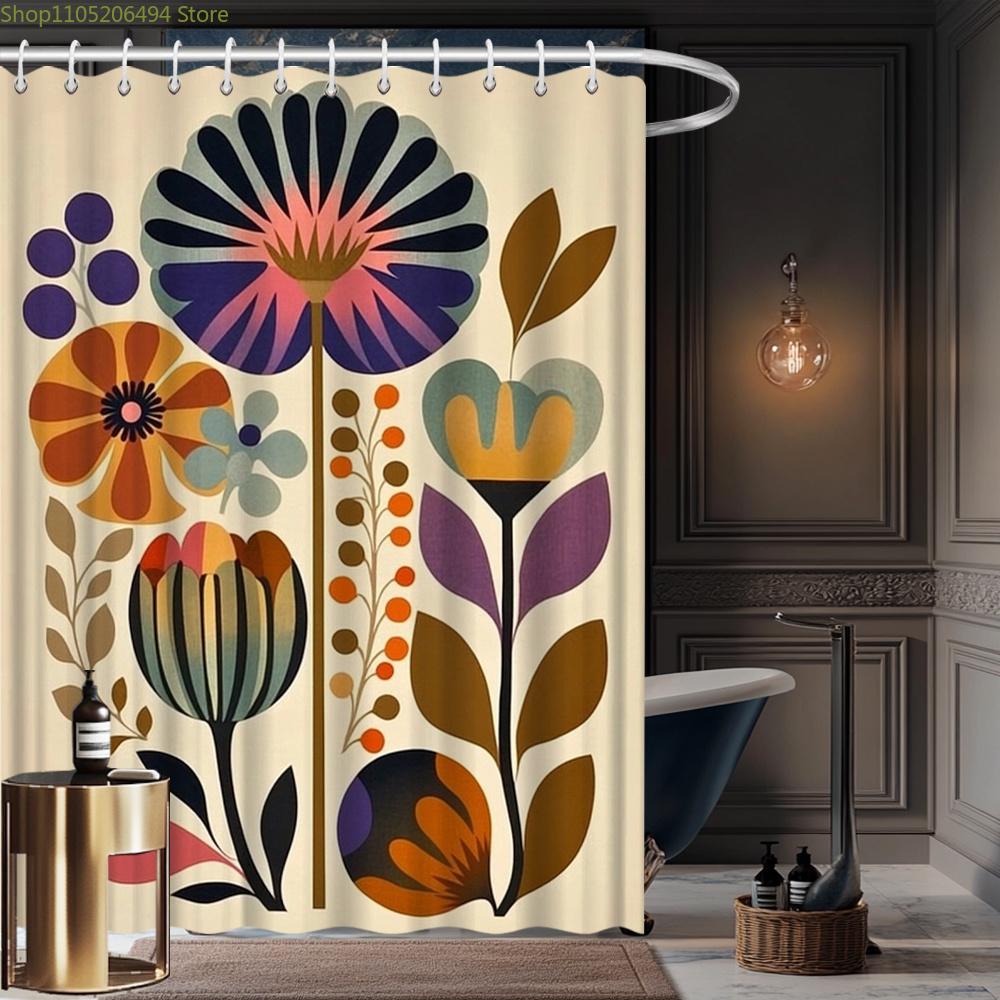 1Pc Mid-Century Modern Abstract Floral Shower Curtain - High Quality Polyester Fabric, Fade-Resistant, Machine Washable With 1