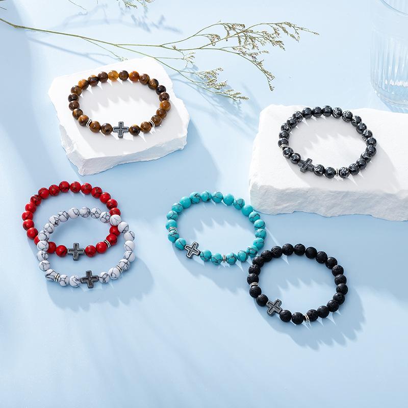 Fashion Religion Cross Men Women 8mm Natural Stone Tiger Eye Volcanic Rock Bead Bracelet Elastic Bracelet Bangle Jewelry