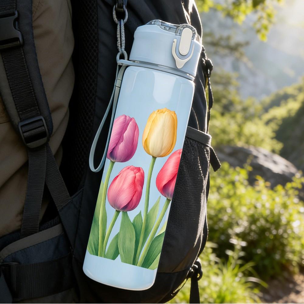 1PC Multicolor Tulip Flower Bouquet 750ml Color Plastic Sports Water Bottle Leakproof Flip Straw Lid For Sports Office Home Use