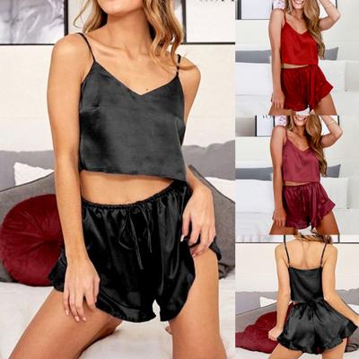 Kadınlar Seksi Pijama Seti Spagetti Sapanlar Kırpılmış Kaşkorse Ruffled Hem Şort