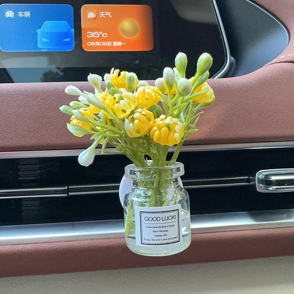 Set Of 4 Cute Flower Bouquet In Glass Vase Car Air Freshener Vent Clips, Mini Artificial Flowers For Car Air Vent Decoration, Auto Interior Dash