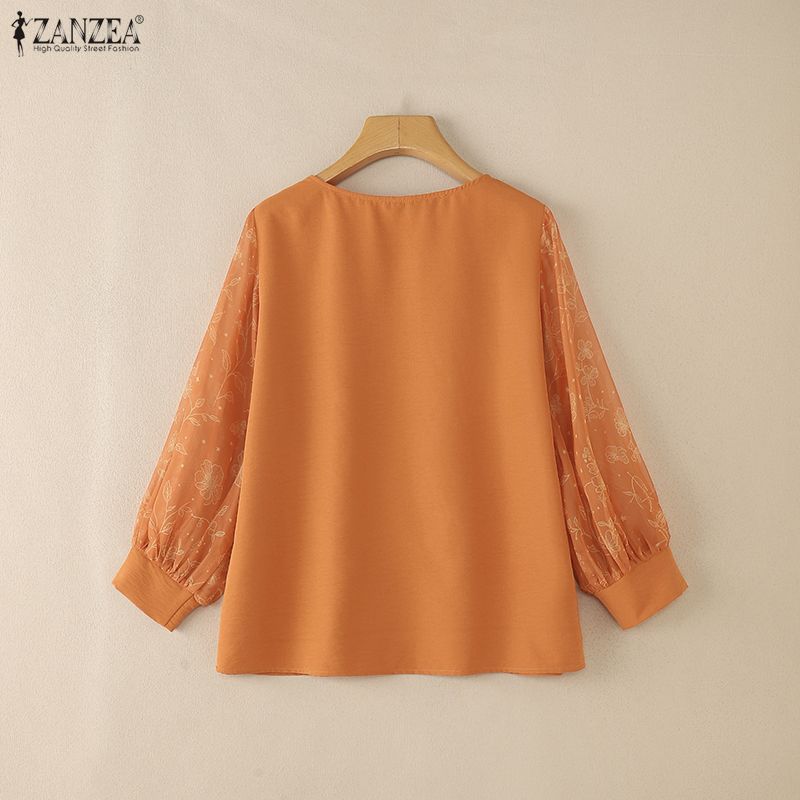 ZANZEA Dámská ležérní halenka s kulatým výstřihem, síťovanou vsadkou a 3/4 rukávy