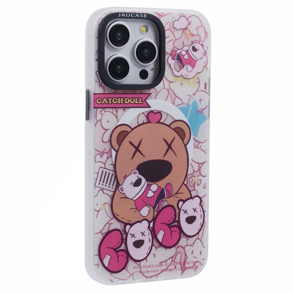 JAUCASE For iPhone 15 Pro Max Case Compatible with MagSafe Bear Pattern PC+TPU Matte Phone Cover