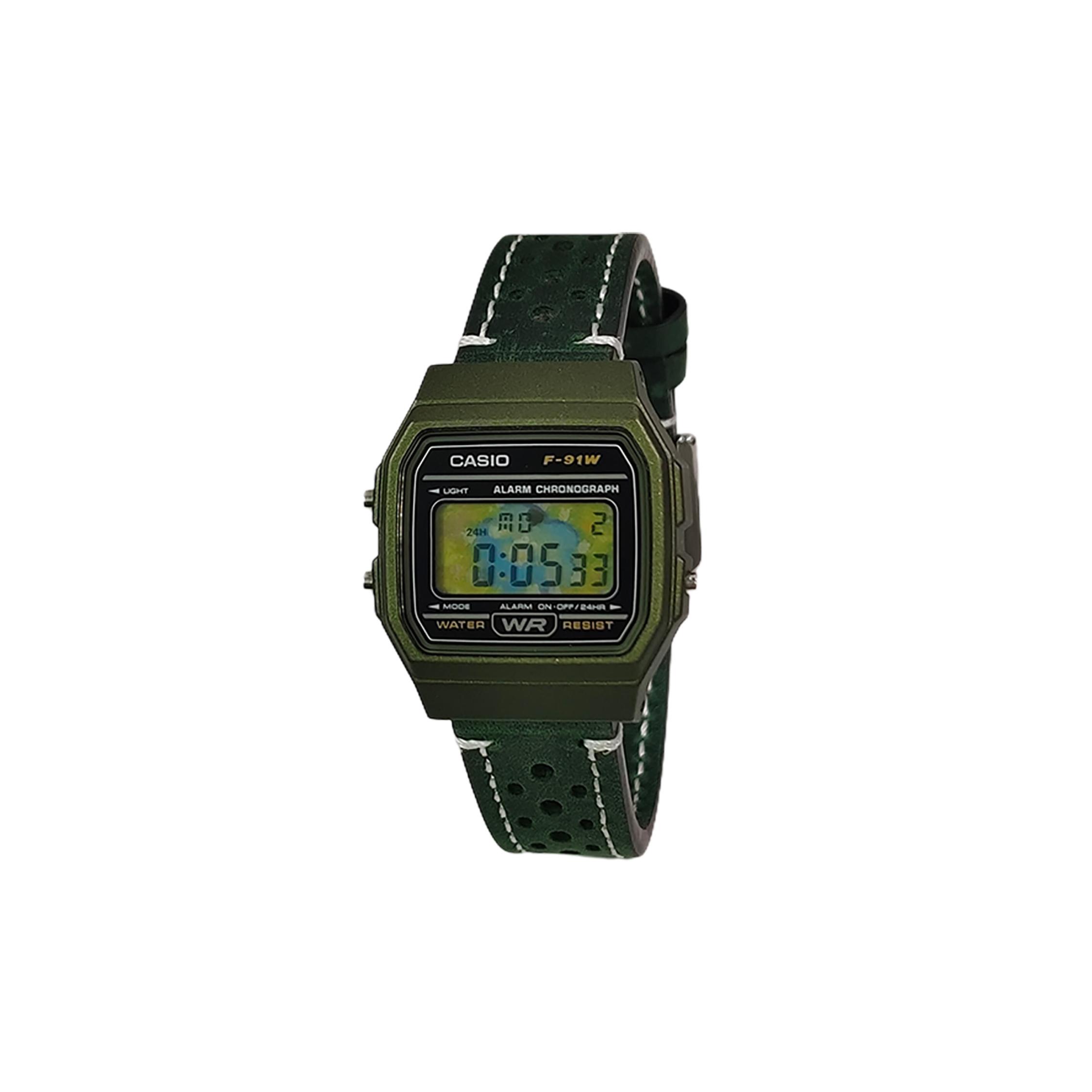 CASIO Custom Collection Quartz Movement Leather Strap Watch Unisex Black Dial F-91WM-3A(Watch5--) Green Strap