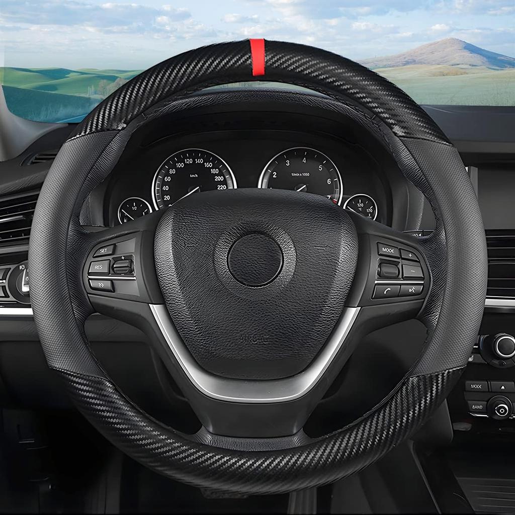 Car Steering Wheel Cover, 15 Inch Anti-Slip Steering Wheel Protector, Carbon Fiber & Microfiber PU Leather Steering Wheel Cover For Women And Men,