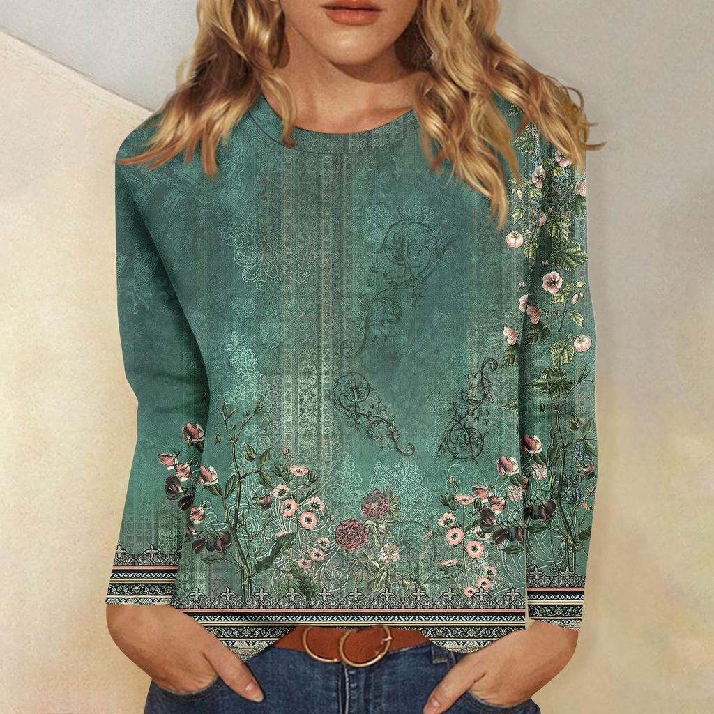 Women's Basic Long-sleeved T-shirt, Round Neck, Leaf Print, Plain Top, Everyday Pullover, Party Gift, Versatile T-shirt