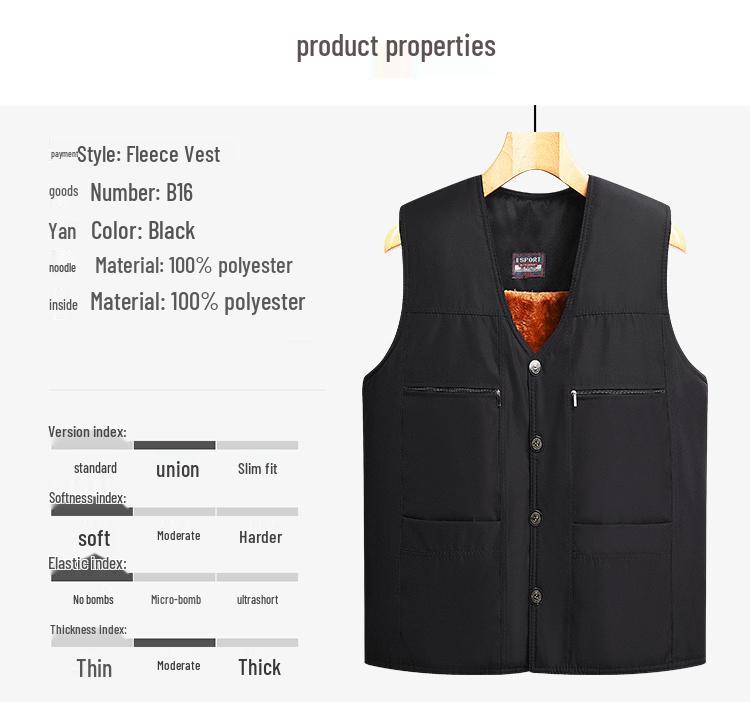 Men's Autumn/Winter Fleece-Lined Multi-Pocket Sleeveless Vest - Warm Cotton Waistcoat for Middle-Aged & Elderly