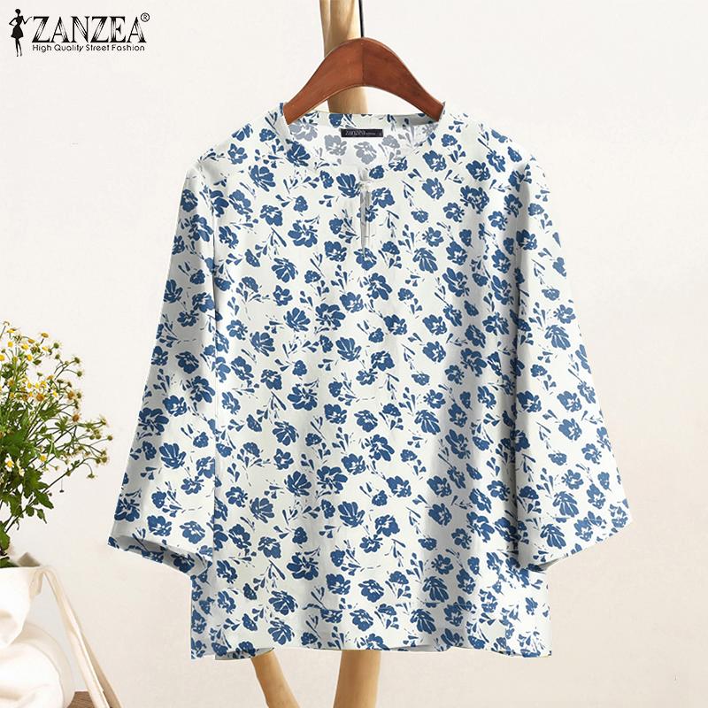 ZANZEA Women Round Neck 3/4 Sleeve Casual Floral Blouse