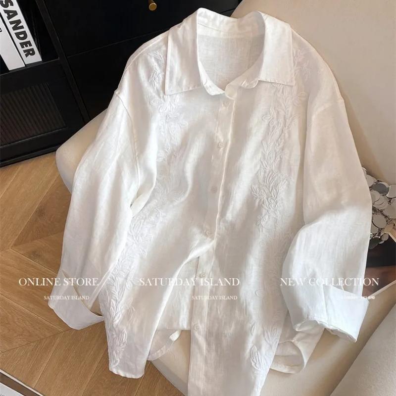 

Белая Повседневная Свободная Рубашка с Длинным Рукавом и Воротником-стойкой с Деталями Вышивки Рисунком M белый