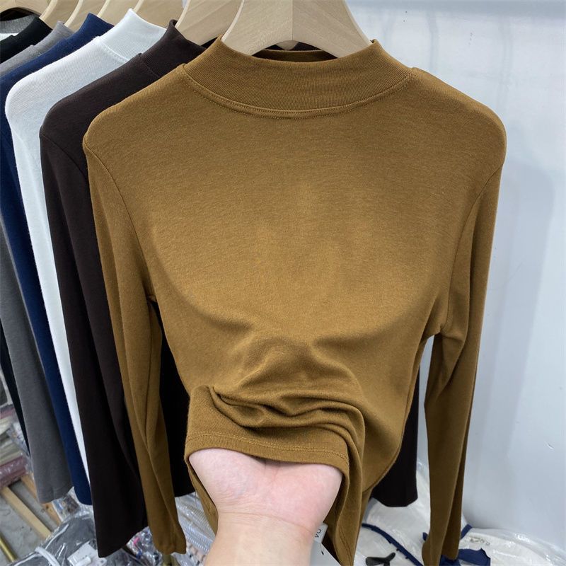 Solid Color Versatile Half High Neck Long Sleeve T-shirt Women's Spring New Bottom Shirts Top