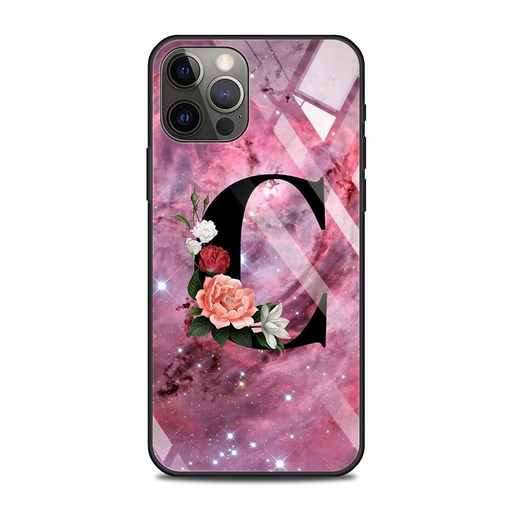 Tempered Glass Case For iPhone 14 12 11 Pro Max 13 12 Mini X XR XS Max 8 7 6s Plus Silicone Shell Letter A B Flowers Pink
