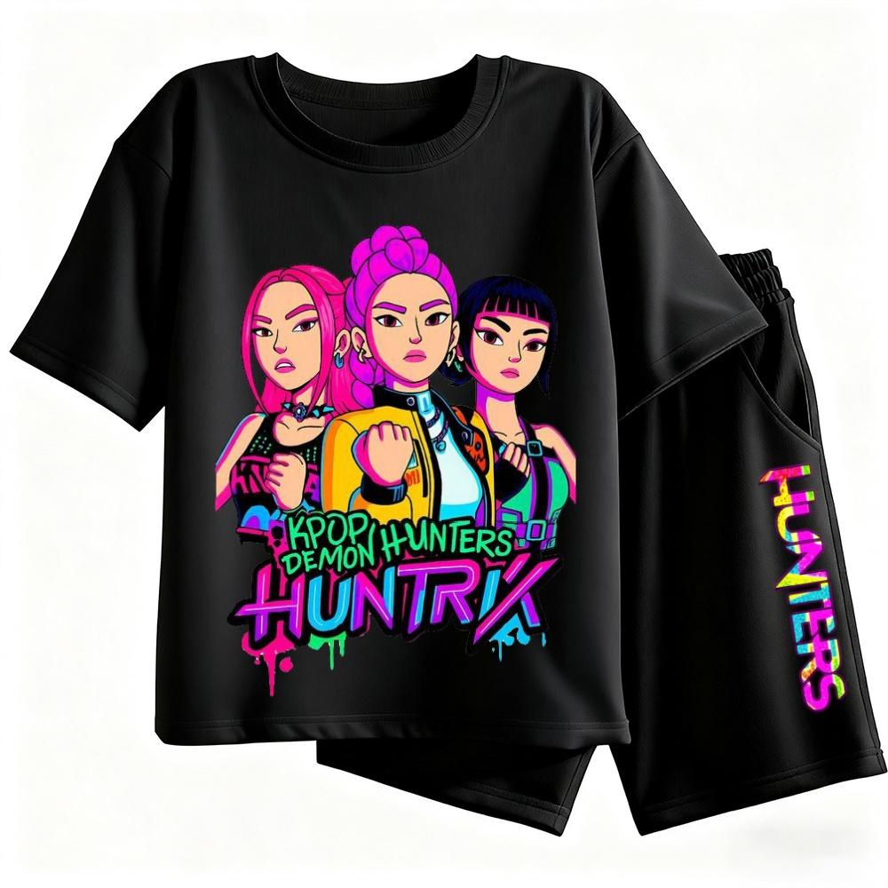 2pcs Kpop Demon Hunters Short Sleeved Shorts Set Featuring Rumi Mira Zoey Girl Group Magical Warrior Fan Tops