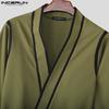 INCERUN 2PCS Men Lapel Neck 3/4 Sleeve Stitching Belt Shirt Long Wide Leg Pants Sets Outfits