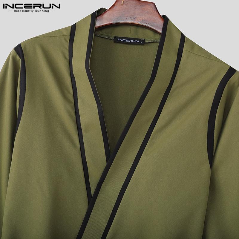 INCERUN 2PCS Men Lapel Neck 3/4 Sleeve Stitching Belt Shirt Long Wide Leg Pants Sets Outfits