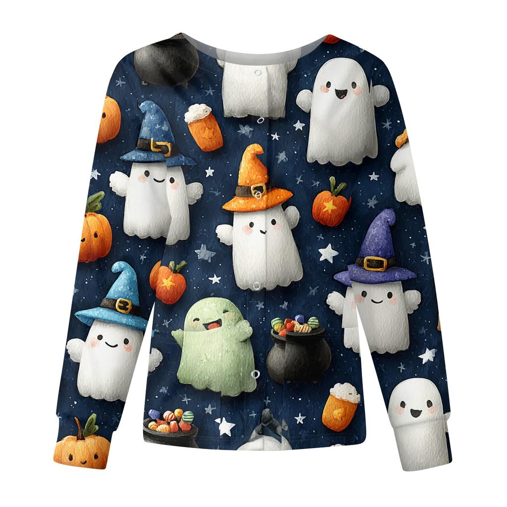 Women's Casual Fashion Long Sleeve Standing Collar Single Breasted Halloween Printed Workwear Jacket Tops
