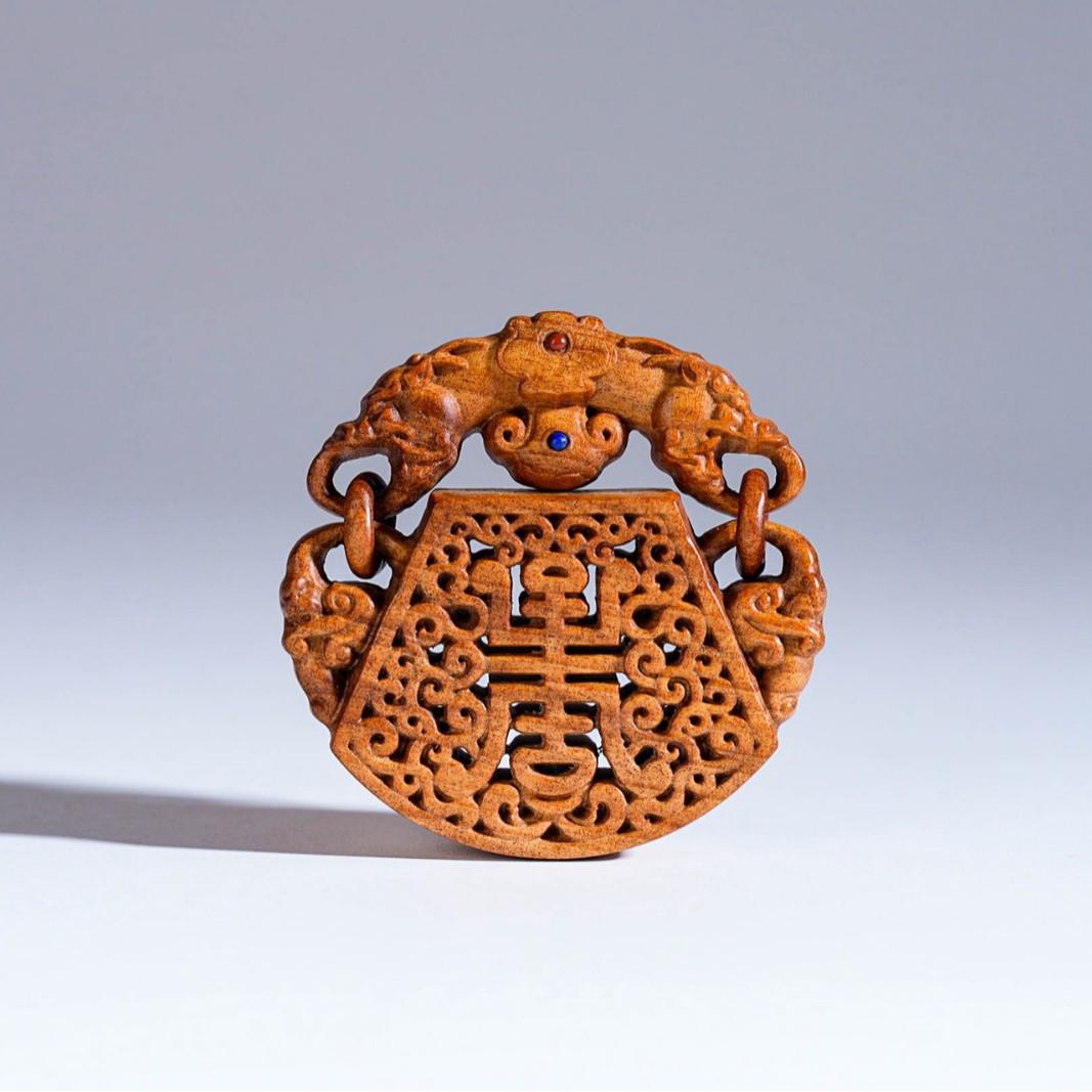 Old Mountain Sandalwood Ruyi Lock Necklace: Carved Wood Pendant Gift