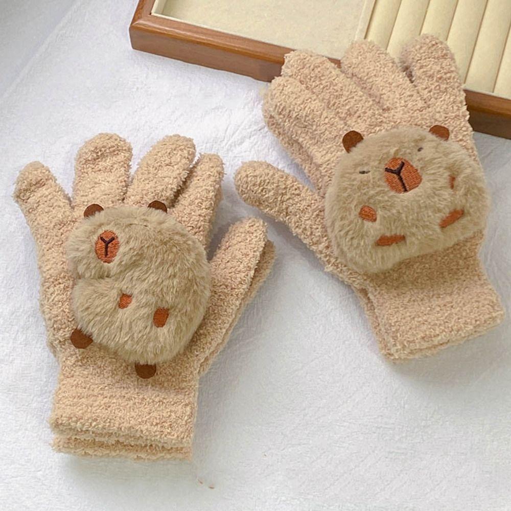 Capybara Coral Velvet Gloves Cycling Cute Gloves New Capybara Plush Gloves  Women