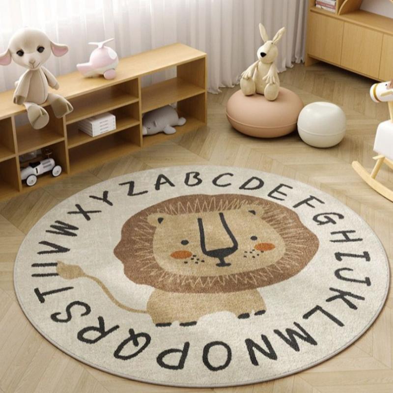 Cartoon Style Bedroom Decor Lion Pattern Carpet Cute Round Rugs for Living Room Plush Bedside Rug Fluffy Soft Floor Mat