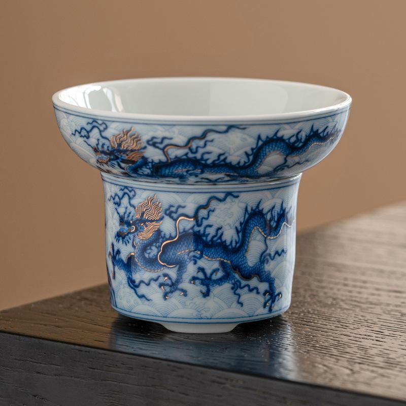 Chinese Retro Porcelain Metal Inlay Blue and White dragon Tea Strainer Ceramic Tea Filter Screen Tea Set Accessories