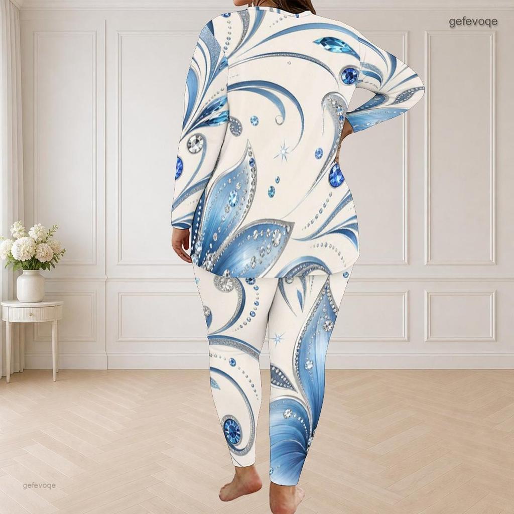 Women Plus Size Black Printed Round Neck Long Sleeve Longline Top Fitted Pants Two Piece Set