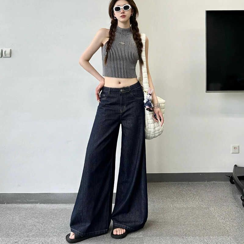 

Small Dark Blue Denim Female Niche Design American Retro Loose Wide Leg Drape Straight Mopping Pants Dark blue pants 155-165 XL
