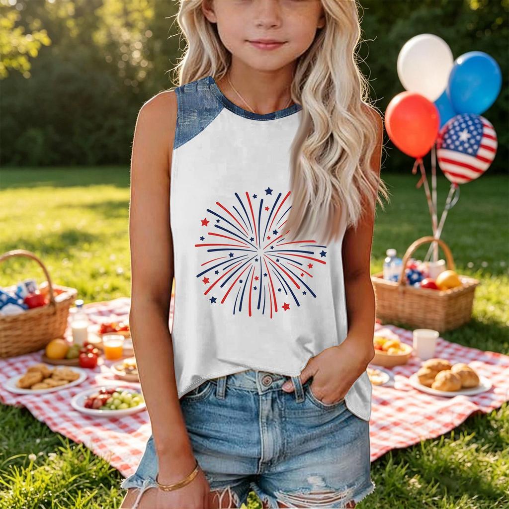 Girls Sleeveless Loose Fit Tank Top Independence Day Firework Print Round Neck Denim Patchwork T Shirt Summer Casual Tee