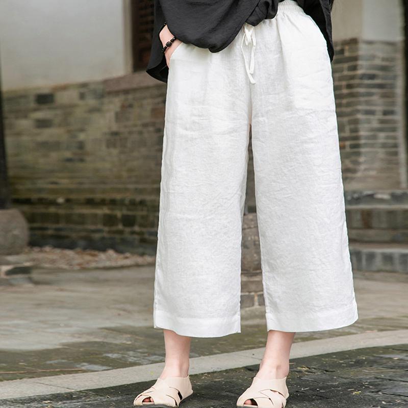 Johnature Vintage Damen Hose Lässig Gerade Neun-Punkt-Hose Sommer Elastischer Bund Schnürung Weites Bein