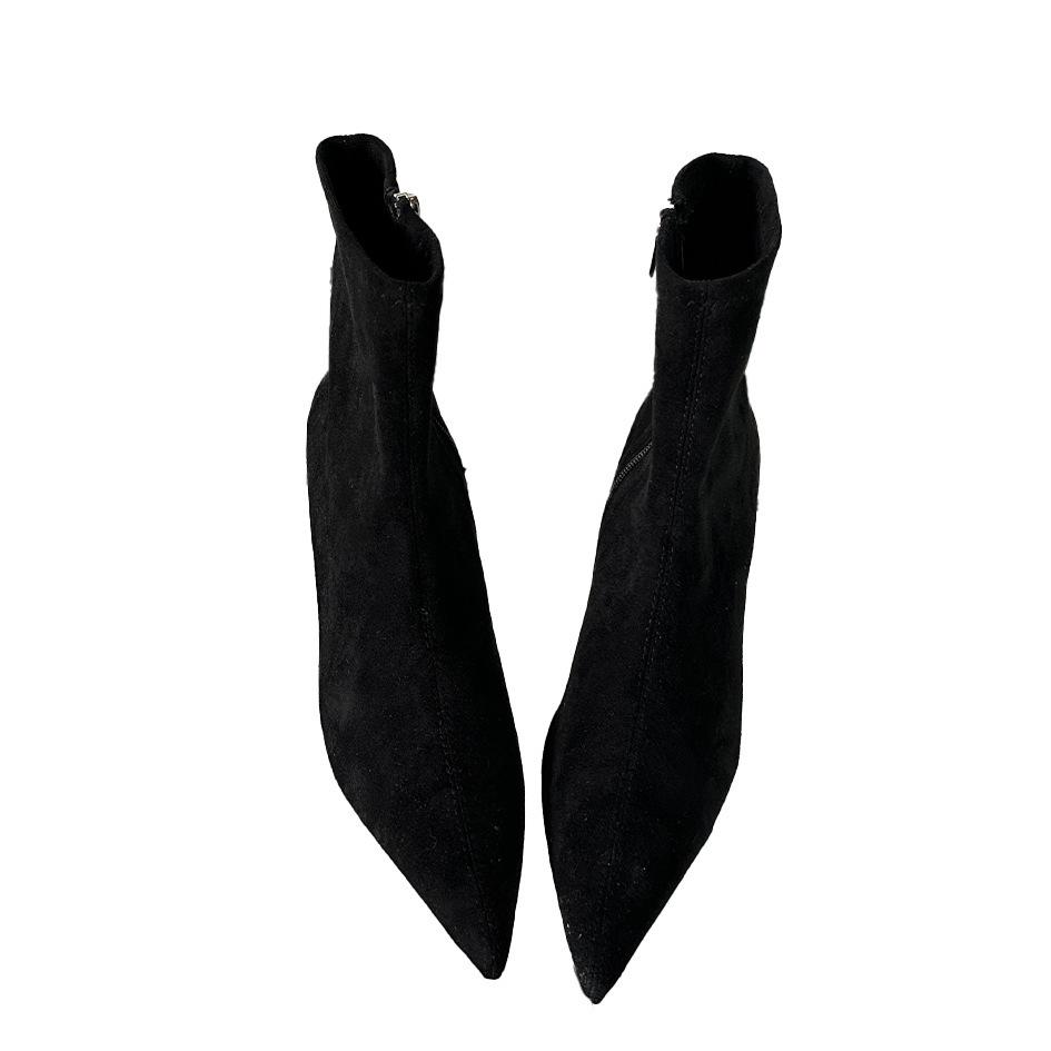 2025 Autumn and Winter New Pointed Thin Heel High Heel Temperament Suede Side Zipper French Fashion Sexy Beautiful Women Short Boots