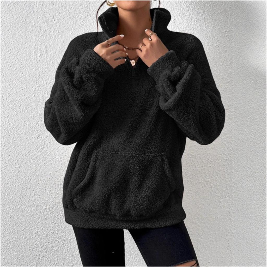 Women's High Neck Long Sleeve Loose Fit Fleece Half Zip Pullover Sweatshirt Autumn Commuter Wear
