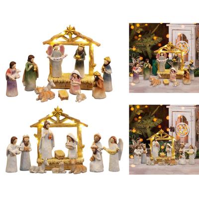 Lighted Up Resin Holy Family Statue Christmas Festival Decor Miniature Centerpiece for Living Room Table Decoration