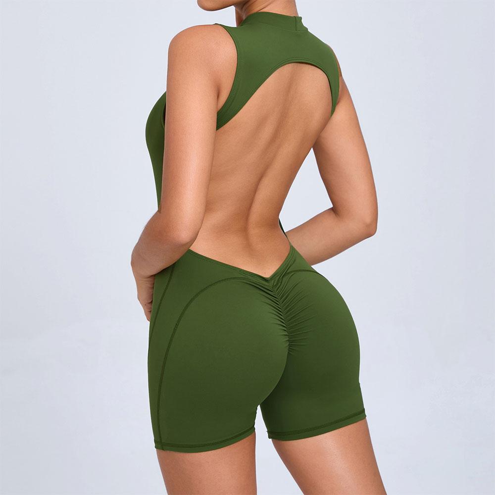 Women Sexy V Back Scrunch Sports Jumpsuit for Gym, Backless Workout One-Piece Suit, Fitness Short Rompers Bodysuits
