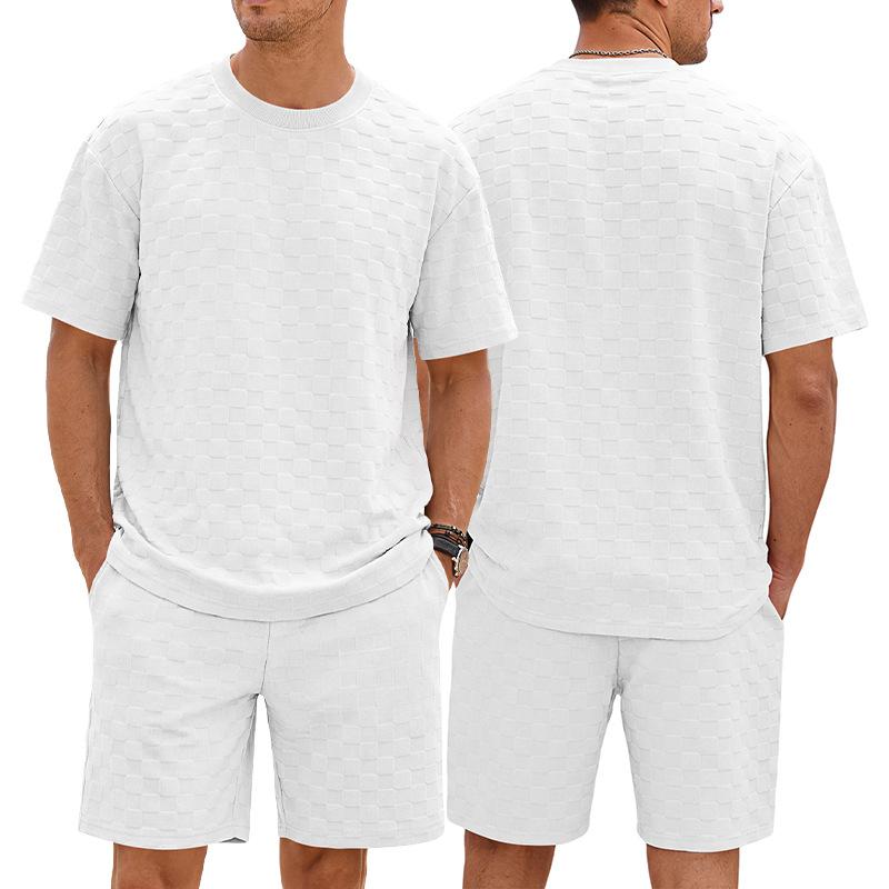 Men Waffle Grid Textured 2 Piece Outfits, Crew Neck Short Sleeve T‑Shirt Drawstring Elastic Waist Shorts Casual Summer Track Suit Set Multiple Colors