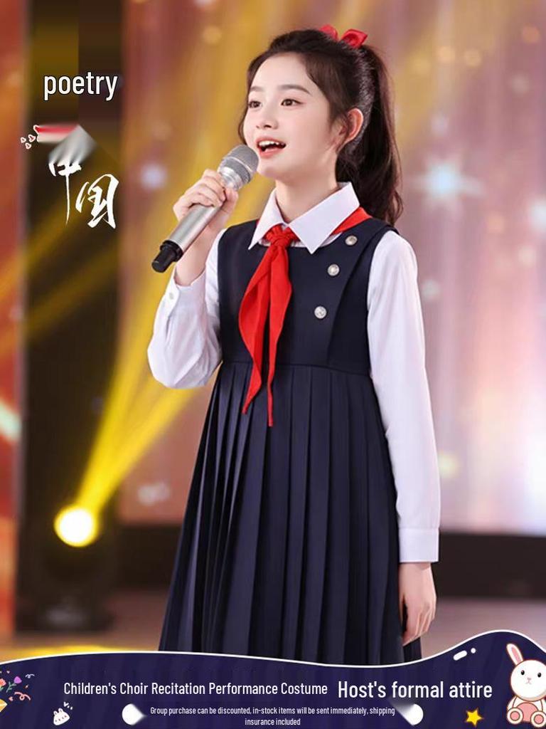 Children's Patriotic Choir Costumes - Boys & Girls Blue Outfits with Red Scarf for Recitation Competitions