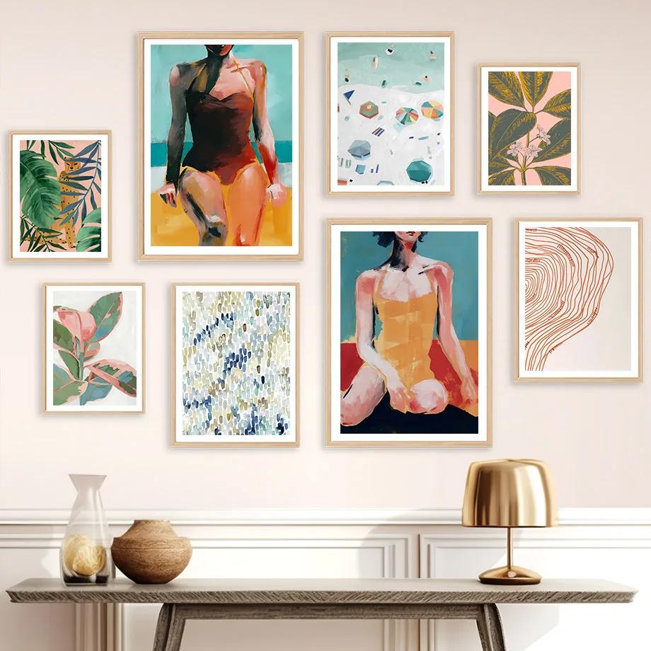 Frau Leopard Poster Strand Tropische Pflanze Blatt Wandkunst Wandbild Leinwand Linien Druck Abstraktes Ölgemälde Bilder Wohnzimmer Dekor