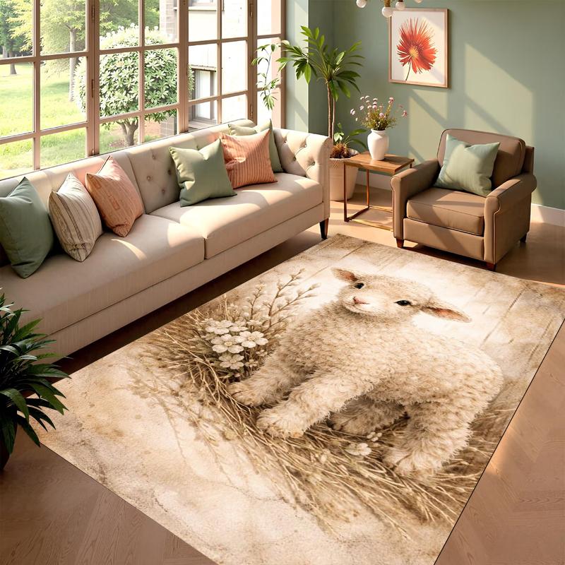 Cute Twin Lambs Area Rug 3D Farm Animal Print Soft NonSlip Floor Mat for Living Room Bedroom Kids Room Nursery Cottage Decor