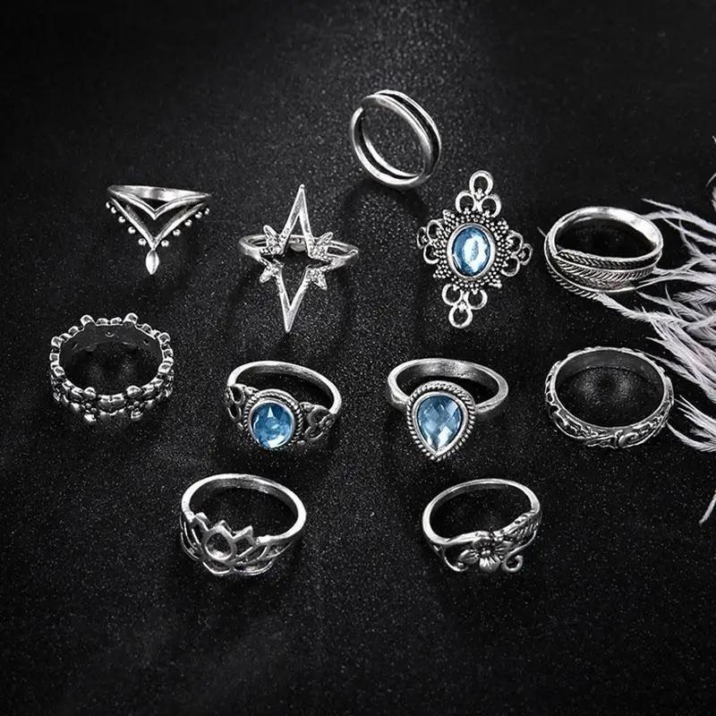 11Pc/Set Retro Sapphire Flowers Finger Ring Set Boho Crown Star Carved Joint Knuckle Rings Women J Engagement Rings For Women