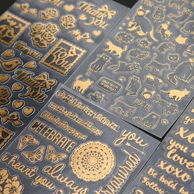 Flache Aufkleber mit Goldprägung, Katze, englische Blume, dekorative Aufkleber für Schreibwaren, Scrapbooking, Geschenk für Mädchen