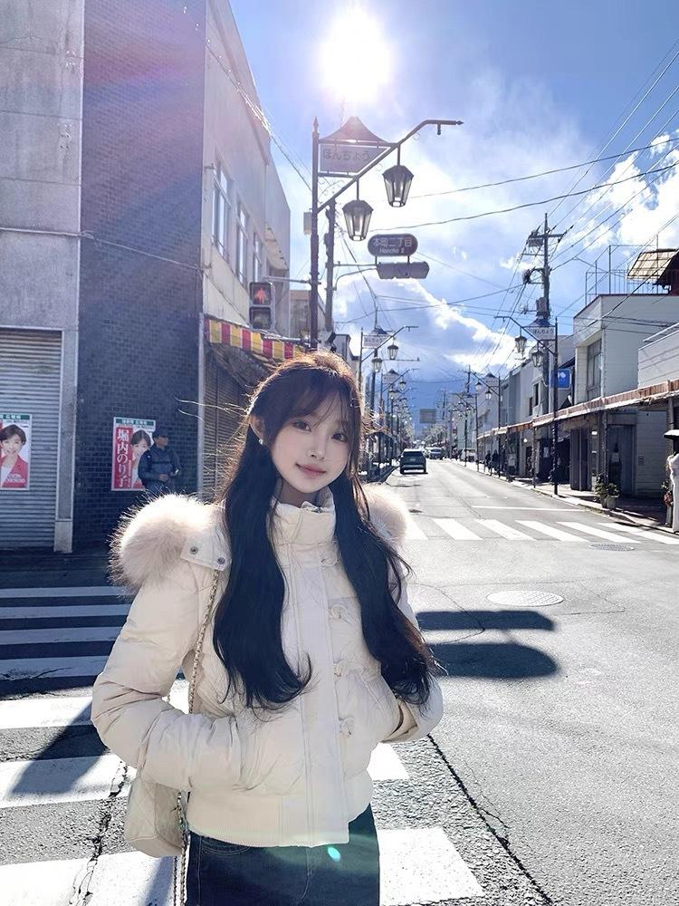 Women's Short Hooded Cotton‑Padded Coat Detachable Faux Fur Collar Loose Thick Warm Winter Outerwear For Petite