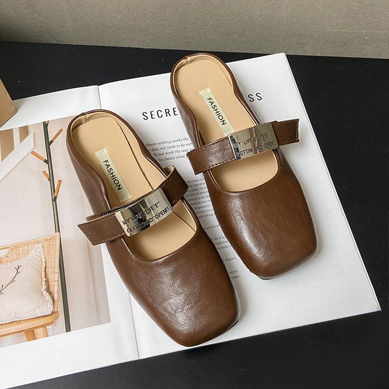 Mary Jane Bag Head Half Slippers Women's Outer Wear 2025 Spring and Autumn New Flat Bottom One Pedal Shoes Single Shoes