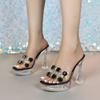 Women's New 12CM Sexy Transparent Thick Heel Shoes - Fashionable Crystal Square Head with Rhinestone, Non-Slip for Nightclub & Car Model