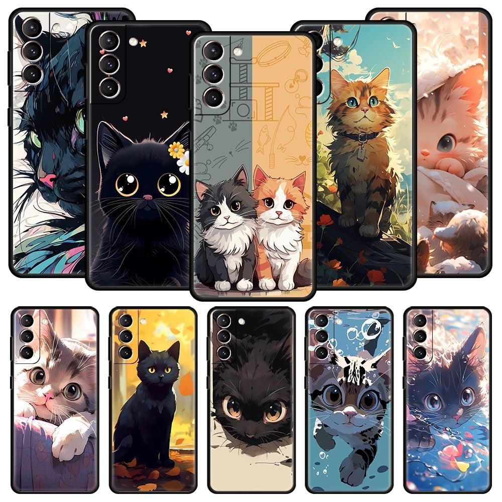cartoon lovely cat Art fashion Phone Case For Samsung Galaxy S25 S24 S23 FE S22 Ultra S20 S21 5G S10 Plus S10E Soft Black Cover